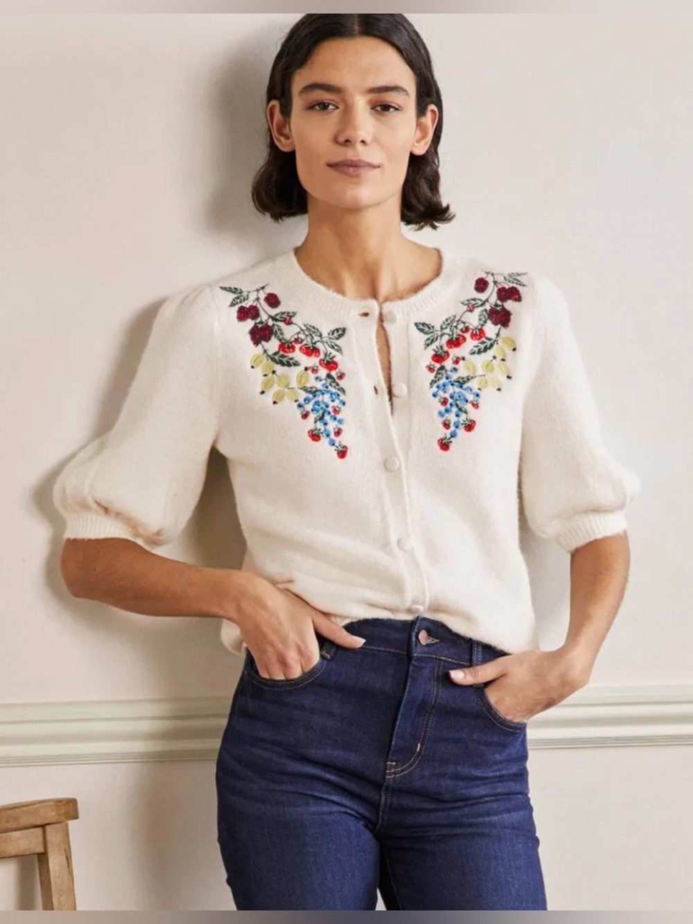 Ivory Embroidered Puff-Sleeve Cardigan Sweater